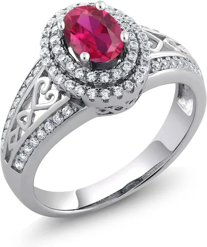 Miniatura 2 de Anillo de compromiso con halo de piedra preciosa y piedra natal en plata chapada en oro amarillo de 18 quilates, ovalado, 0.236 x 0.157 pulgadas