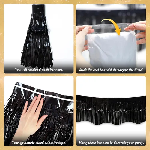 Miniatura 5 de LOLStar Paquete de 6 guirnaldas de flecos de papel de aluminio de oropel negro, decoraciones de fiesta de cumpleaños, pancarta de serpentinas