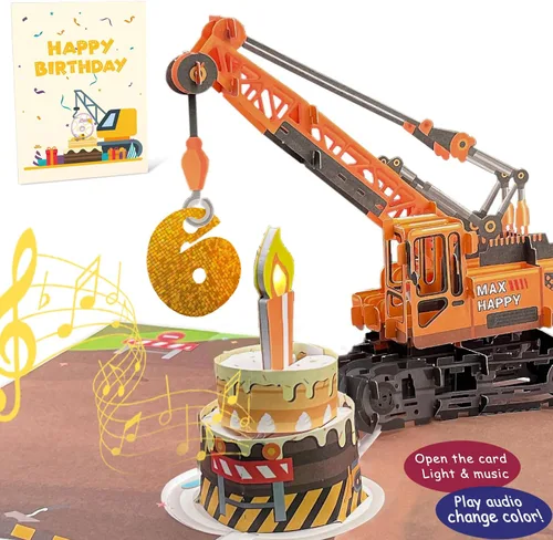Miniatura 15 de Tarjeta de felicitación 3D de 4º cumpleaños con luz y música, tarjeta de camión grúa para niño, sobrino, nieto, hijo, niño pequeño, con sobre, 4th