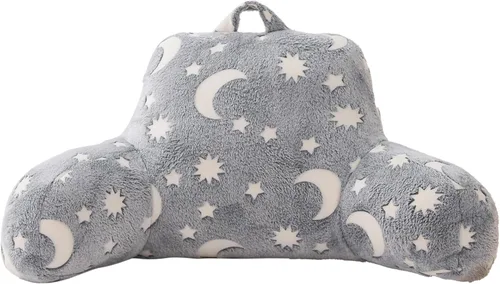 A Nice Night Star Moon - Almohada de lectura de felpa que brilla en la oscuridad, respaldo de cuña para niños con brazos y apoyo para la espalda Gris
