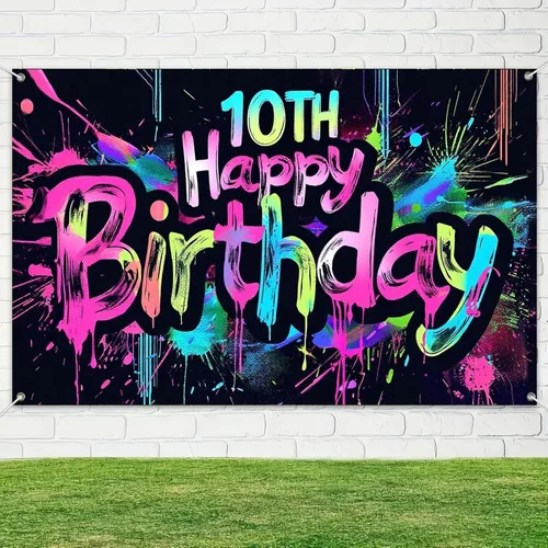 Miniatura 4 de HOMETITUTE Pancarta de Neón de Feliz 10mo Cumpleaños 71 x 43 pulgadas, Salpicadura de Pintura que Brilla en la Oscuridad, Telón de Fondo