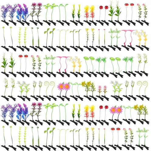 Miniatura 11 de Tigeen - 100 piezas de pinzas para el cabello con diseño de brotes de judías, divertidas horquillas de plantas, flores de césped, mariposas, hongos