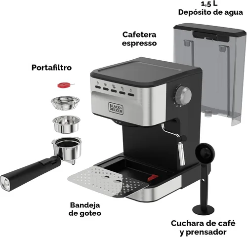 Miniatura 9 de Black+Decker Máquina semiautomática de café expreso y capuchino de 15 bares, máquina versátil con capacidad para usar molidos o cápsulas ESE