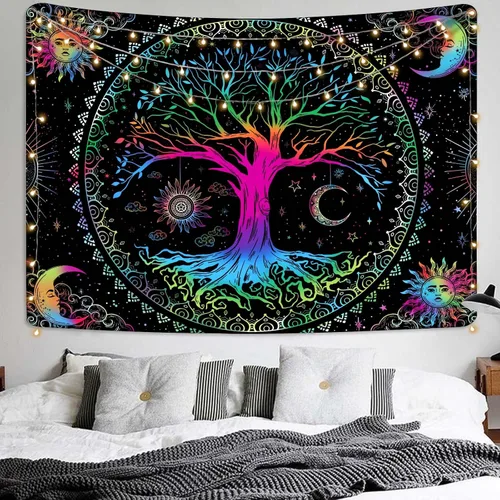 Miniatura 2 de Kanuyee Tapiz de pared con diseño de árbol de la vida, mandala, estrella y luna y galaxia, color negro para decoración de habitación