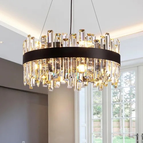 Miniatura 14 de Siljoy Candelabro moderno de cristal de 12 luces de oro cepillado de 2 niveles con forma de gota de lluvia de cristal, ajustable, montaje al ras