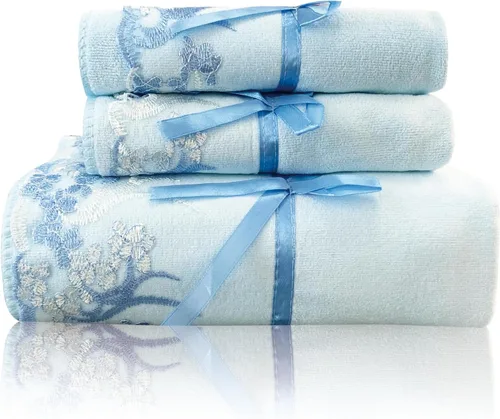 Juego de Toallas de Baño USTIDE de Encaje Azul, Juego de Toallas de Mano de Terciopelo y Suave para Baño y Ducha (1 Toalla de Baño + 2 Toallas de