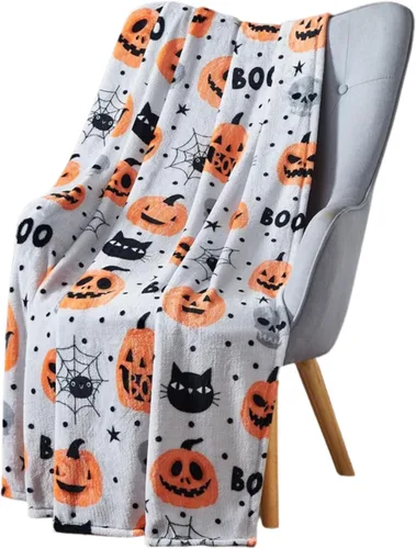 Miniatura 31 de Manta de Halloween: Jack O Lantern, calabazas, fantasmas blancos y telarañas en suave forro polar de terciopelo negro para sofá, sillas y cama Ghost