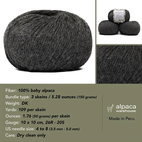 Miniatura 3 de Juego de 3 madejas de hilo de lana 100% de alpaca bebé (150 gramos) peso DK - Hecho en Perú - Celestialmente suave y perfecto para tejer y hacer Gris