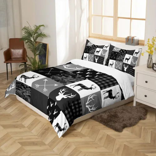 Miniatura 5 de Manfei Juego de ropa de cama de silueta de ciervo, tamaño individual, funda de edredón con patrón de flechas y cuernos con 1 funda de almohada