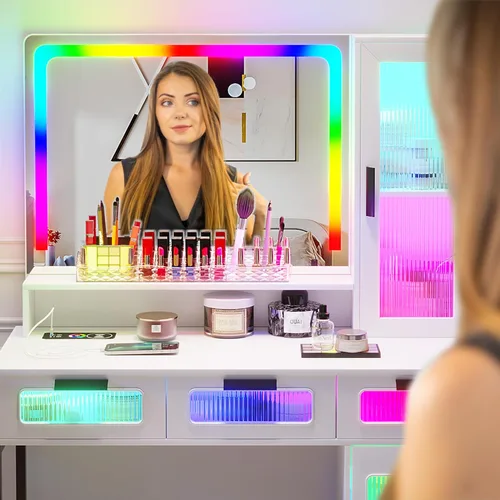 Miniatura 6 de HNEBC - Mesa de tocador RGB con espejo y luces, mesa de maquillaje con espejo LED y estación de carga USB/inalámbrica, juegos de mesa de tocador