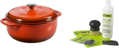 Lodge - Horno holandés de hierro fundido esmaltado, 6 cuartos de galón, rojo amapola (poppy) y juego de cuidado para utensilios de cocina de hierro