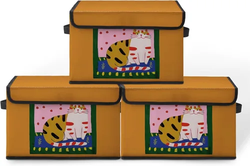 Miniatura 16 de Contenedores de almacenamiento apilables para ropa con tapas, organizadores de clóset con estampado de gatos de tela para el hogar y la oficina