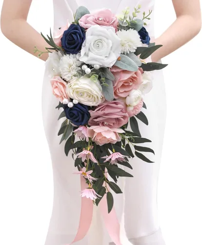 Miniatura 16 de Serwalin Ramos de boda de 9.8 pulgadas para novia y dama de honor, peonías rosa empolvado, ramos de flores de novia para boda, ramo de lanzamiento