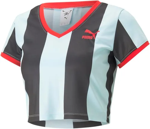 PUMA Mujeres X Slim Rayas Recortadas Cuello en V Manga Corta Casual Tops Casual - Negro, Azul