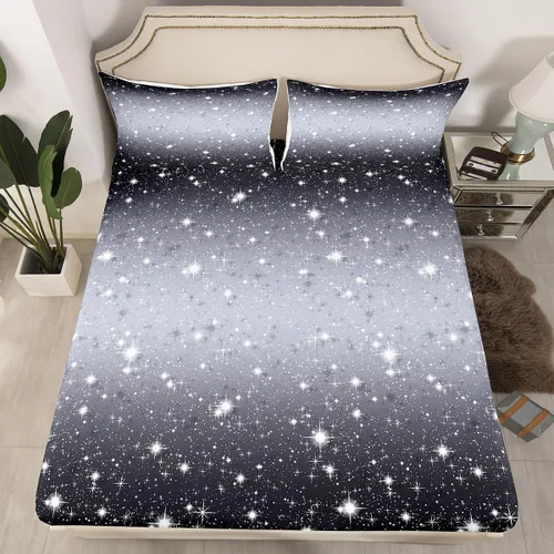 Miniatura 16 de Erosebridal Juego de ropa de cama de lentejuelas con purpurina y estrellas, sábanas de bolsillo profundo arcoíris y galaxia espacial, sábana bajera