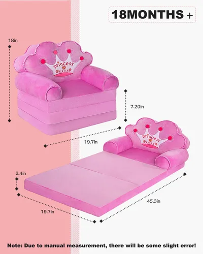 Miniatura 3 de MOONBEEKI Sofá Desplegable para Niños, Silla Plegable de Princesa para Niños Pequeños de 1-3 Años, Muebles para Niños para Sala de Juegos, Regalo