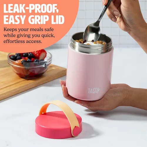 Miniatura 4 de Tasty Tarro de comida con asa plegable, contenedor portátil para aperitivos o almuerzo, aislado al vacío de acero inoxidable con tapa a prueba