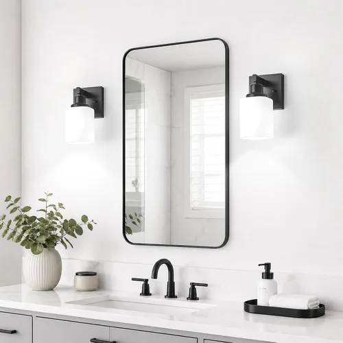 Miniatura 2 de Juego de 2 apliques de pared para baño, lámpara de tocador de baño negra, apliques de pared modernos para interiores con vidrio esmerilado cuadrado