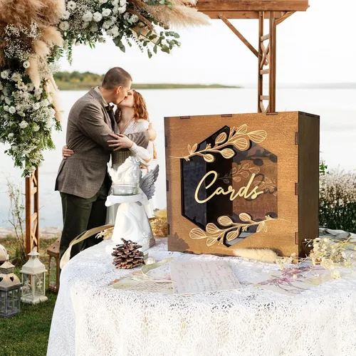 Miniatura 7 de Caja de tarjetas de boda marrón OurWarm con ventana de acrílico, caja de tarjetas de regalo de madera para decoraciones de recepción de boda, caja