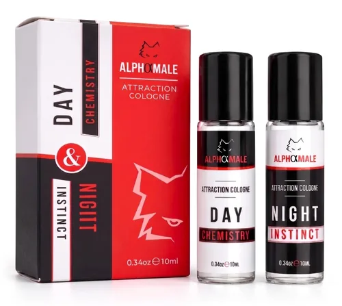 AlphaMale Colonia con infusión de feromonas de día y noche para hombres, paquete de 2 – Fragancia de noche de cuero fresco y almizcle – Fragancia de