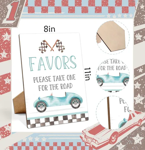 Miniatura 2 de Letreros de fiesta de cumpleaños de coche de carreras, Favores por favor toma uno para el camino, cartel de madera de 8 x 11 con soporte, decoración
