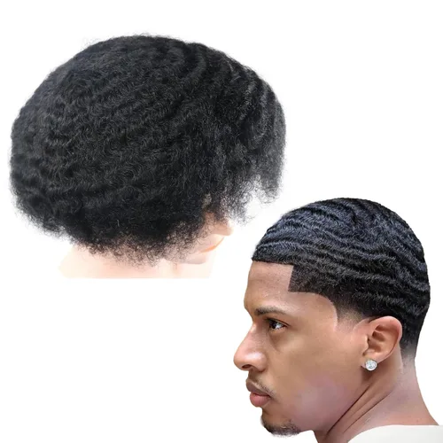 Miniatura 21 de Pelucas Afro Rizadas Toupé para Hombres Pelucas para Hombre Afroamericano Negro Unidad de Cabello Masculino Negro Rizado Afro Tejido Masculino