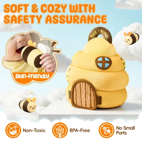 Miniatura 6 de Juguetes para bebés de 6 a 12 meses - Juguete infantil de colmena con 5 abejas sensoriales, animales de peluche, crujido, sonajero, espejo y música