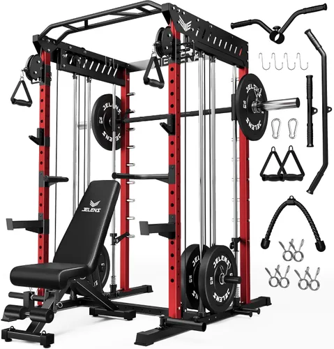 Miniatura 32 de JELENS M21 - Máquina Smith, jaula de potencia multifunción con sistema de cruce de cable de polea doble, banco de sentadillas todo en uno de 907 kg