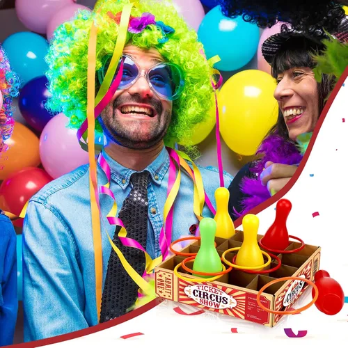 Miniatura 5 de Wettarn Juego de lanzamiento de botellas de carnaval, incluye una caja de boletos de circo, 6 botellas de plástico y 6 anillos de tiro para verano