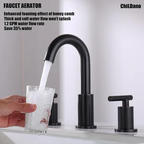 Miniatura 4 de Grifo de Baño Negro con Desagüe Pop-Up y Manguera de Suministro, 8 Pulgadas 2 Manijas 3 Orificios Grifo de Baño Extendido, ChiLDano Grifo de Baño