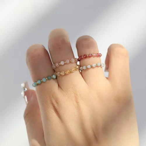 Miniatura 2 de Anillo de cuentas de cristal, piedras preciosas naturales, amatista, cuarzo rosa, aguamarina, turmalina, ojo de tigre, minimalista, anillo apilable