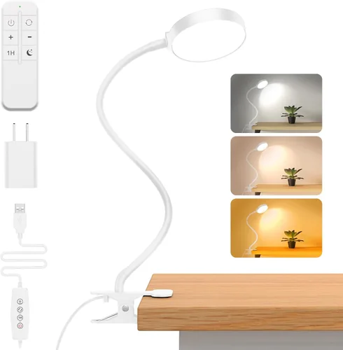 iFalarila Luz de lectura con control remoto, lámpara de escritorio LED con clip [temporizador de 1 hora y luz nocturna] RA>95 regulable cuello de