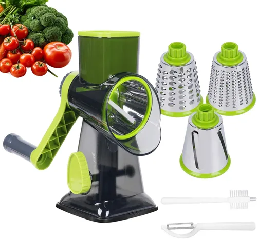 Rallador rotativo de queso con 3 cuchillas de acero inoxidable, cortador de verduras con manivela, base de succión, verde