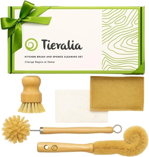 Miniatura 8 de Tieralia Juego de 5 cepillos de bambú para platos, kit de limpieza de cocina ecológico con cepillo para botellas, cepillo largo para platos