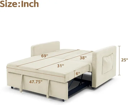 Miniatura 7 de Yoglad Sofá cama convertible 3 en 1, futón biplaza con cama extraíble, respaldo ajustable y 2 almacenamientos, para espacios pequeños, sala