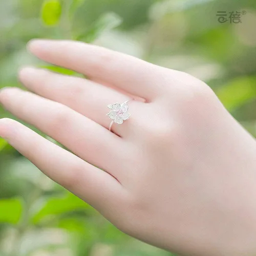 Miniatura 2 de Aretes para mujer, anillo ajustable de plata de ley S925, diseño moderno de flor de cerezo rosa, circonita cúbica, a la moda, ajustable
