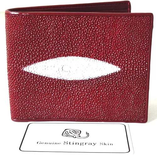 Miniatura 2 de Auténtico Stingray Skin para hombre Bifold blanco perla ojo borgoña rojo cartera