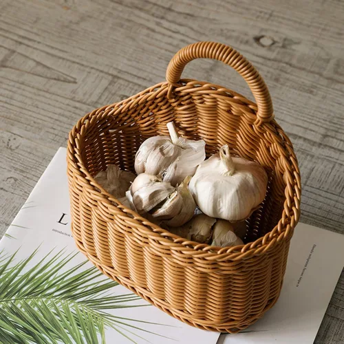 Miniatura 3 de Ochine Cesta de pared tejida colgante con asa, pequeño contenedor de almacenamiento para plantas, organización de oficina en casa y estante