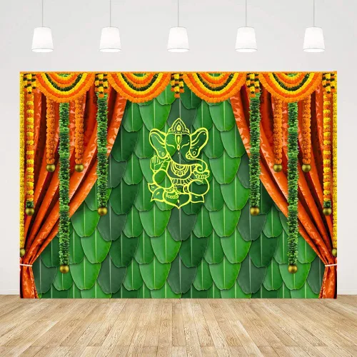 Miniatura 6 de Ticuenicoa Fondo de fotografía tradicional India Pooja de 7 x 5 pies, diseño de hojas de plátano, fondo verde de Chatiya Ganesh, fondos de Puja