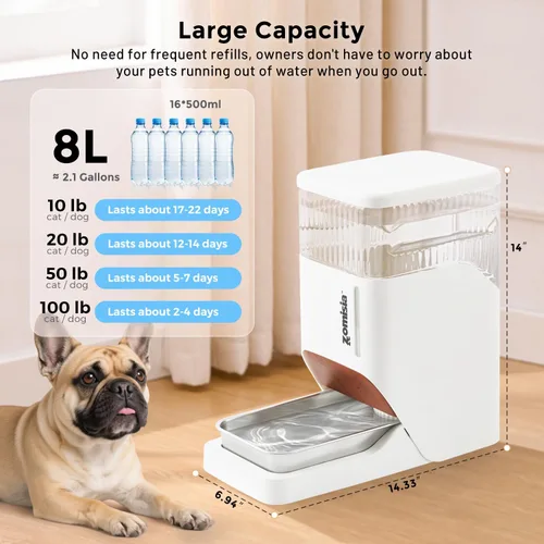 Miniatura 2 de ZOMISIA Dispensador Automático de Agua para Perros 8L con Tazón de Acero Inoxidable, Tazón de Agua de Gran Capacidad por Gravedad para Perros