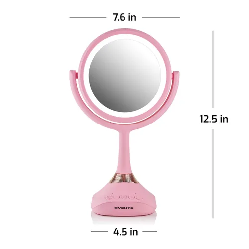 Miniatura 9 de Ovente Espejo de tocador iluminado, parte superior de mesa, giro de 360 grados, círculo de doble cara, LED, 1 x 5X, lupa con audio MP3, altavoz