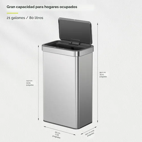 Miniatura 4 de EKO Nova - Basurero con sensor de 21 galones/80 litros de acero inoxidable, rectangular, sin contacto, con sensor de movimiento, color metálico mate