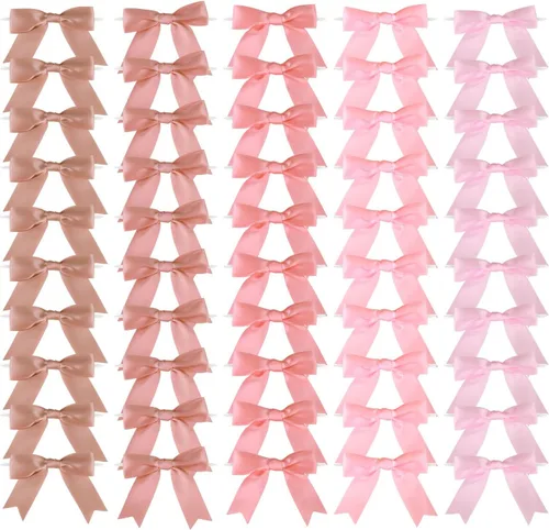 Miniatura 2 de Meseey 50 lazos de satén preatados de oro rosa polvoriento, de 2.5 pulgadas, para bolsas de golosinas, envoltura de regalos, boda, baby shower, Rosa