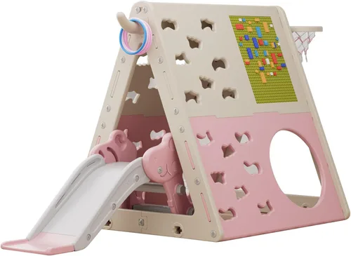 UNICOO Juego de pirámide de escalada multifuncional 7 en 1 con tobogán, juego de escalada y deslizamiento para niños para el hogar, guardería Rosa