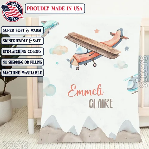 Miniatura 3 de Manta de avión personalizada, manta de bebé personalizada, manta con nombre de bebé, manta de guardería de avión, manta de felpa súper suave