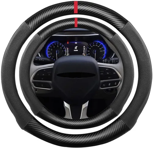 Miniatura 42 de Funda de volante de ante con fibra de carbono de K LAKEY, compatible con Porsche 718 Boxster Cayman 911 Panamera Macan Cayenne de 15 pulgadas, cuero