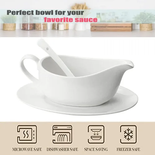 Miniatura 6 de Qlans Salsera con Cucharón y Platillo de 17 Oz, Salsera de Cerámica con Bandeja para Aderezos de Ensalada, Leche, Salsas Calientes, Crema, Caldo, 1