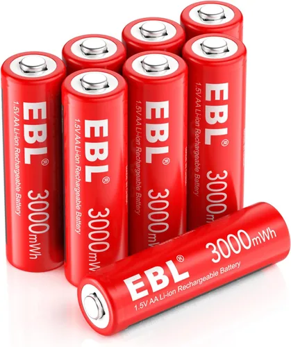 EBL Paquete de 8 Baterías Recargables AA de Litio, Baterías Recargables AA de 1.5V 3000mWh, Baterías Doble A de Larga Duración (Compatible Solo con