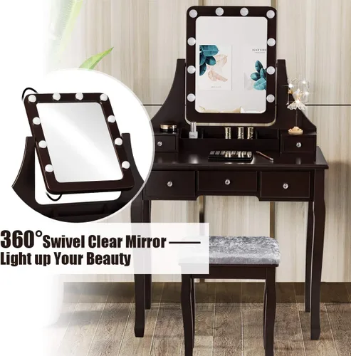 Miniatura 3 de DORTALA Juego de mesa de tocador con espejo rectangular de 360 grados y taburete acolchado, mesa de maquillaje con 10 bombillas LED regulables