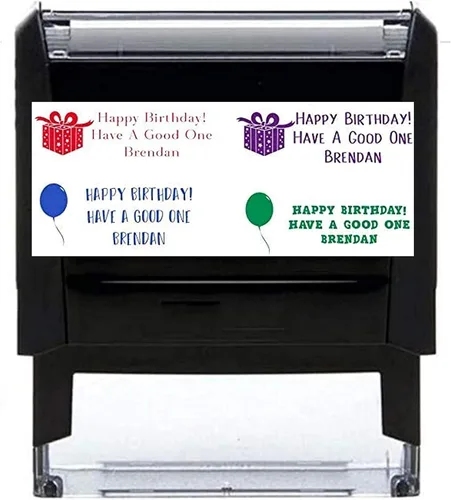 Sello de tarjeta de feliz cumpleaños con texto en inglés "Pick Your Font + Imagen", sello de oficina de 2 líneas y 3 líneas autoentintado, tarjeta